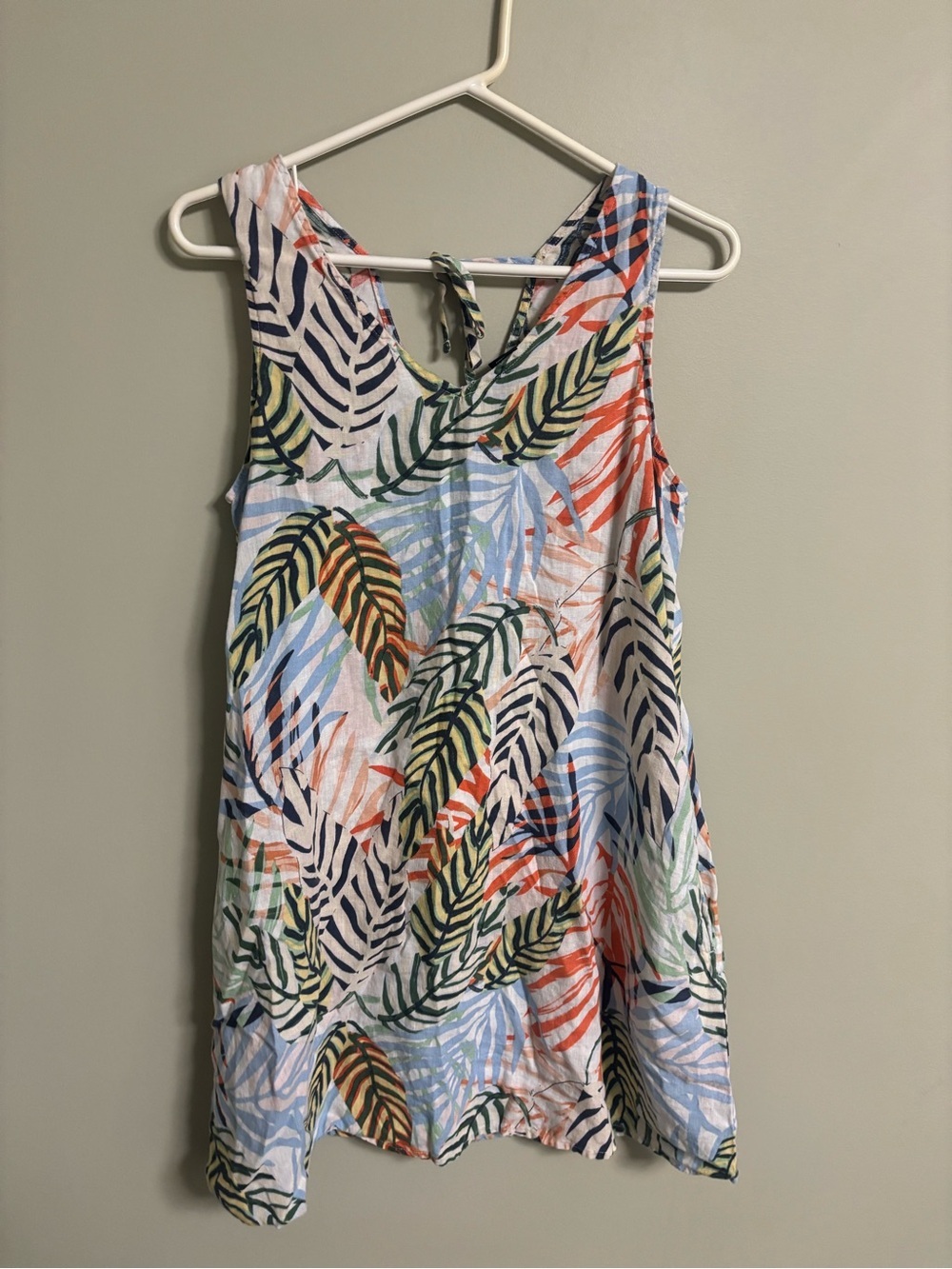 Tahari 100% Linen Dress Size Small V Neck Palm Leaf Print Pockets Mini Tie Beach